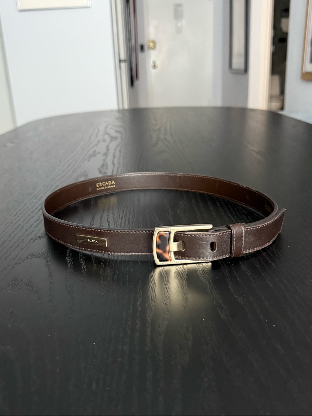 Escada Brown Leather Belt with Tortoise Gold-Tone Buckle